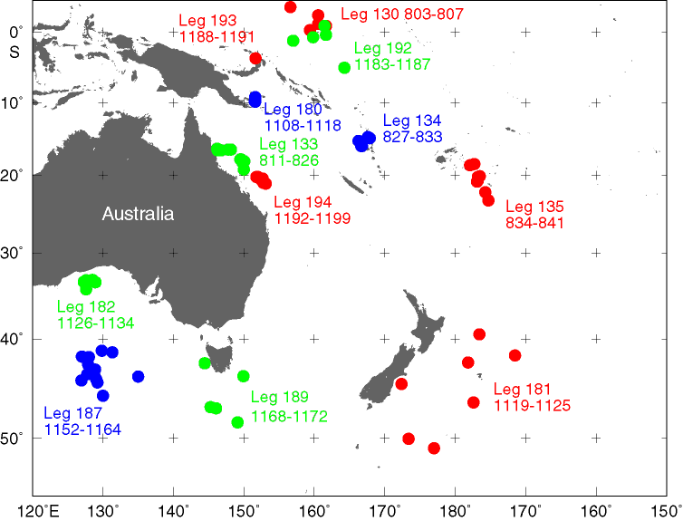 SW Pacific Ocean drill site map