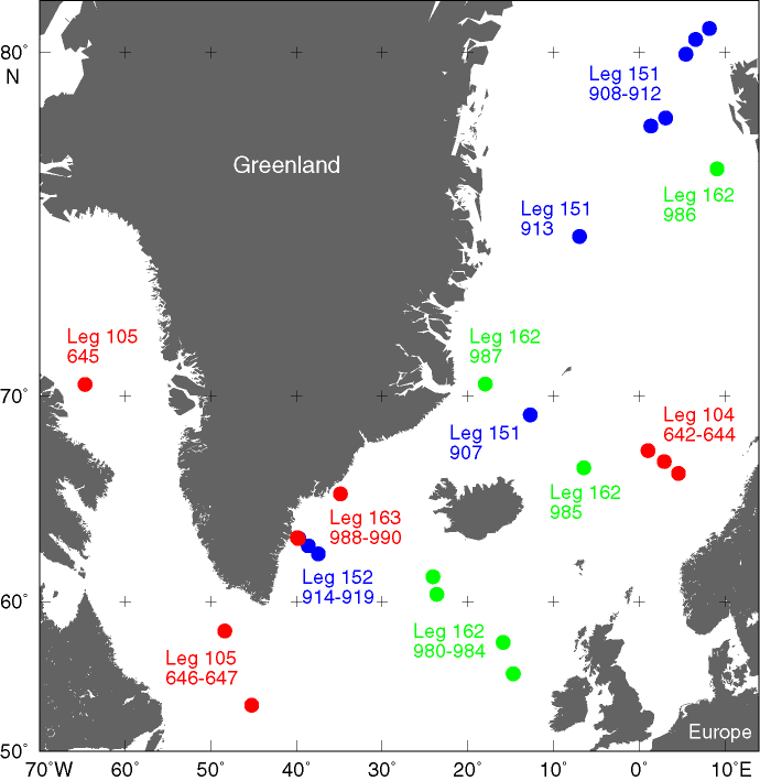 N Atlantic Ocean drill site map