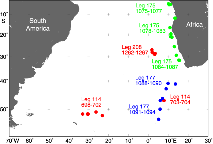 S Atlantic Ocean drill site map